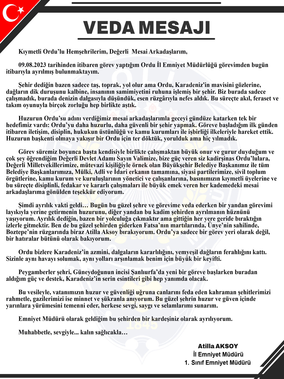  Veda Mesajı